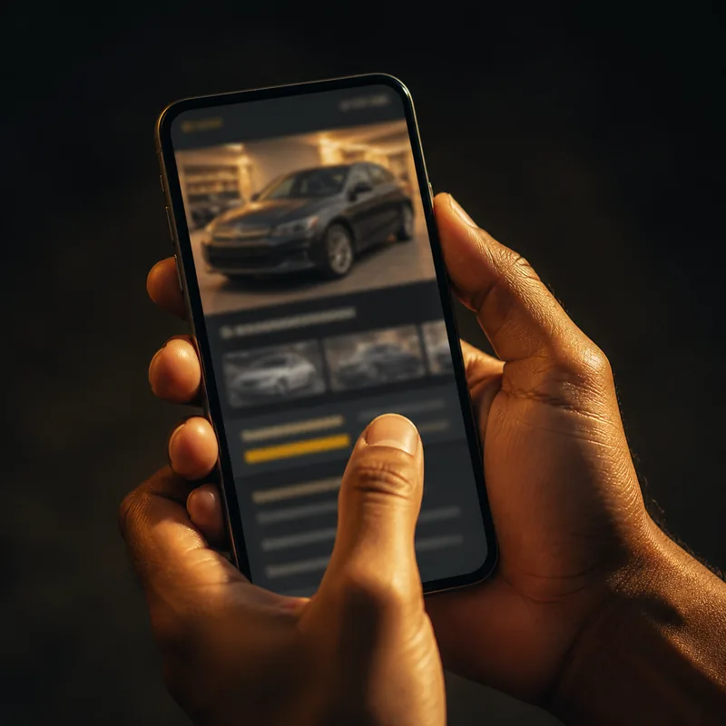 Mãos segurando um celular com um anúncio de carro na tela.