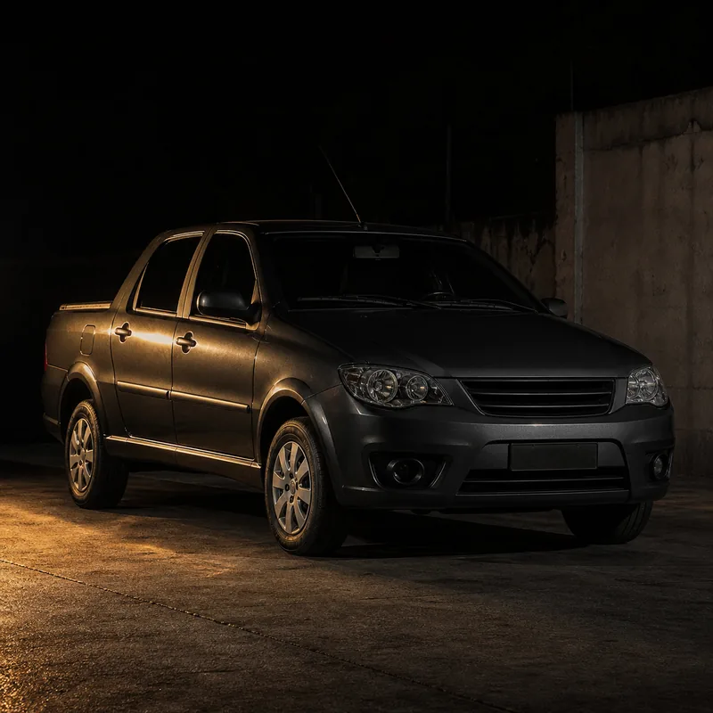 Carro em pátio de concreto com luz dourada.