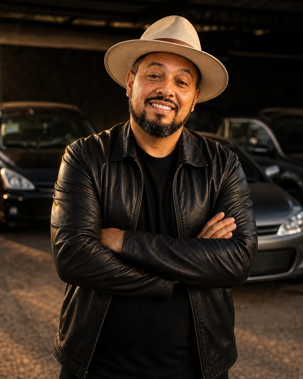 Pastor da UAI de braços cruzados no pátio da loja.