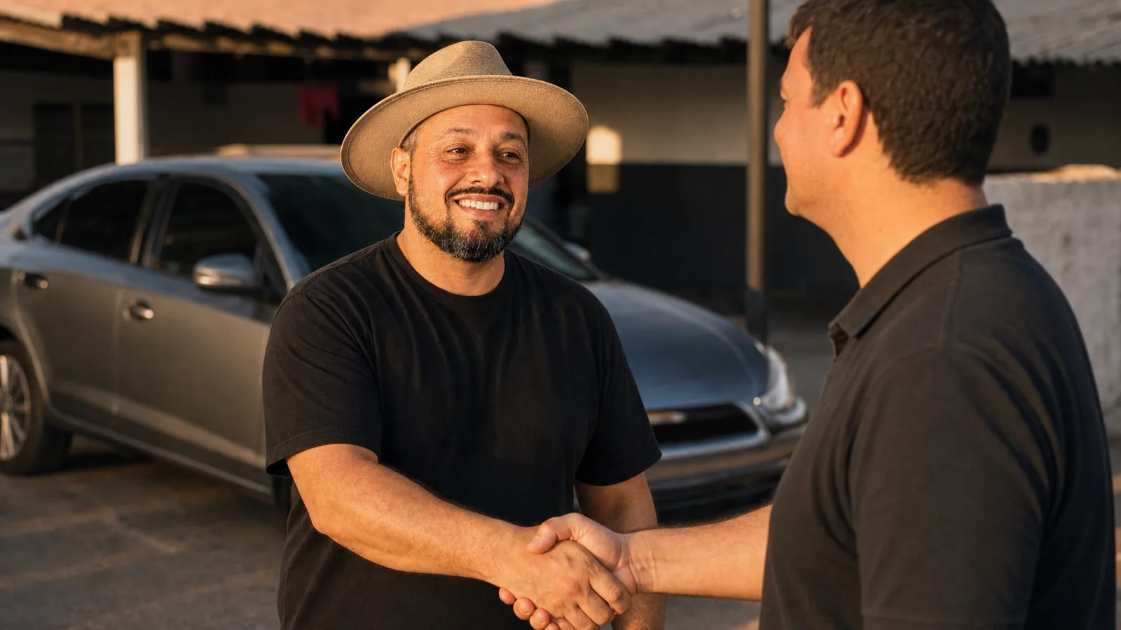 Pastor da UAI apertando a mão de um comprador no pátio da loja.